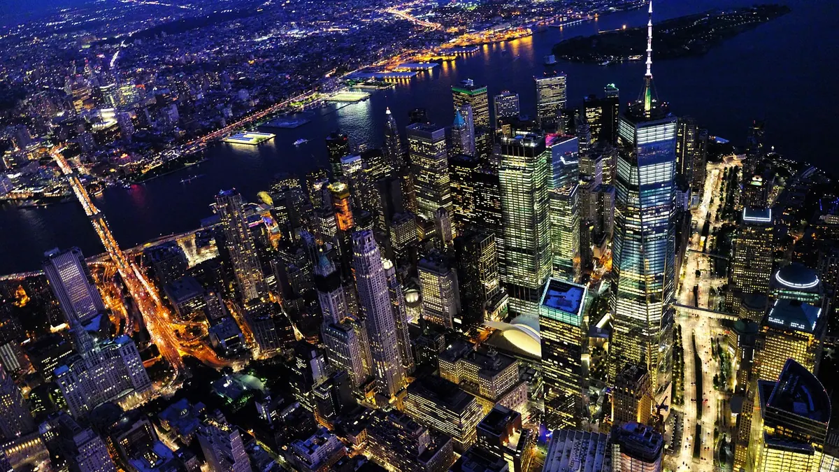 Imagem ilustrativa: Vista ilustrativa de um centro financeiro com edifícios comerciais