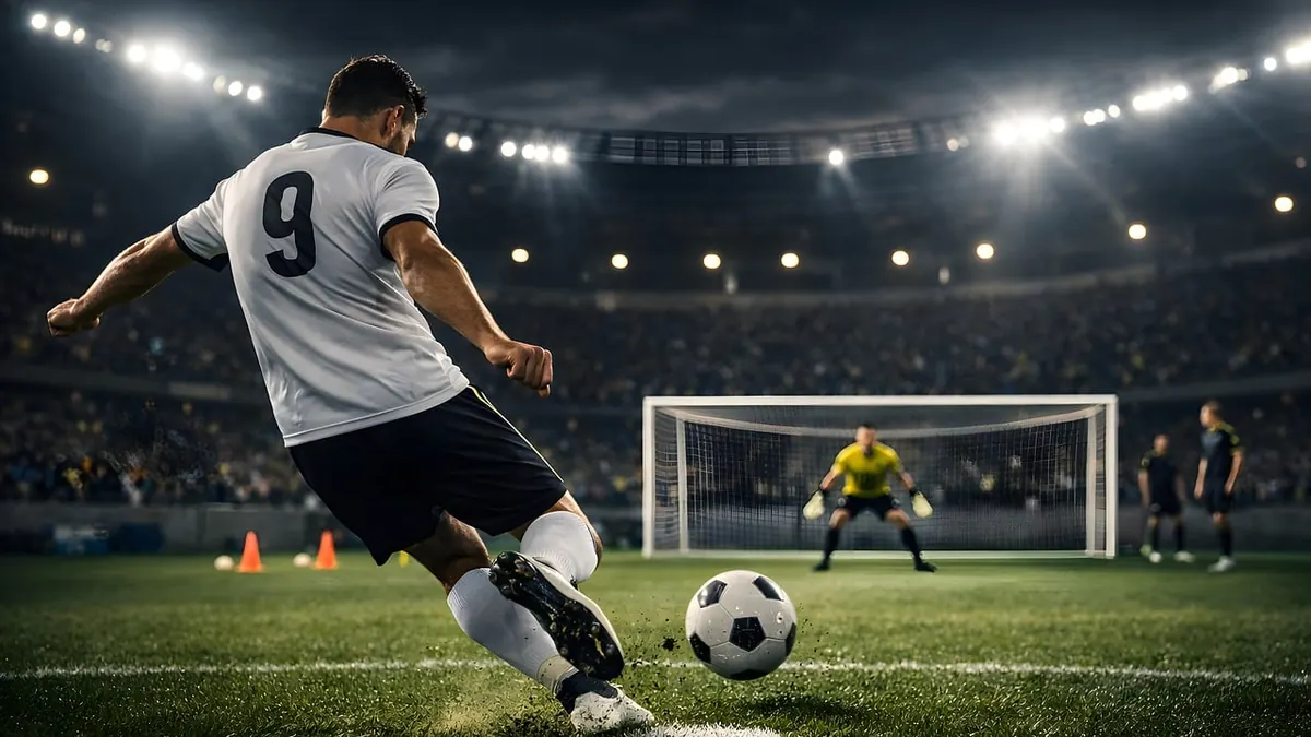 Imagem ilustrativa: Jogadores disputam uma partida de futebol em estádio lotado, com cobrança de pênalti
