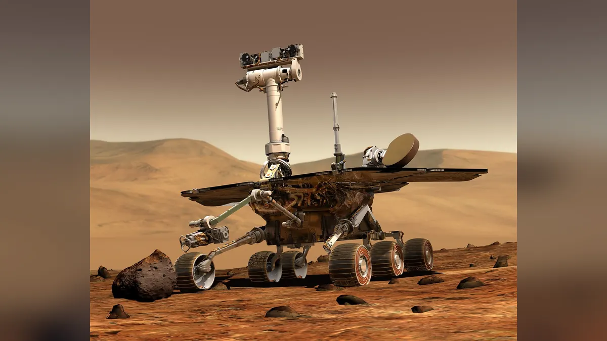 Imagem ilustrativa: Rover robótico explorando uma paisagem rochosa na superfície de Marte